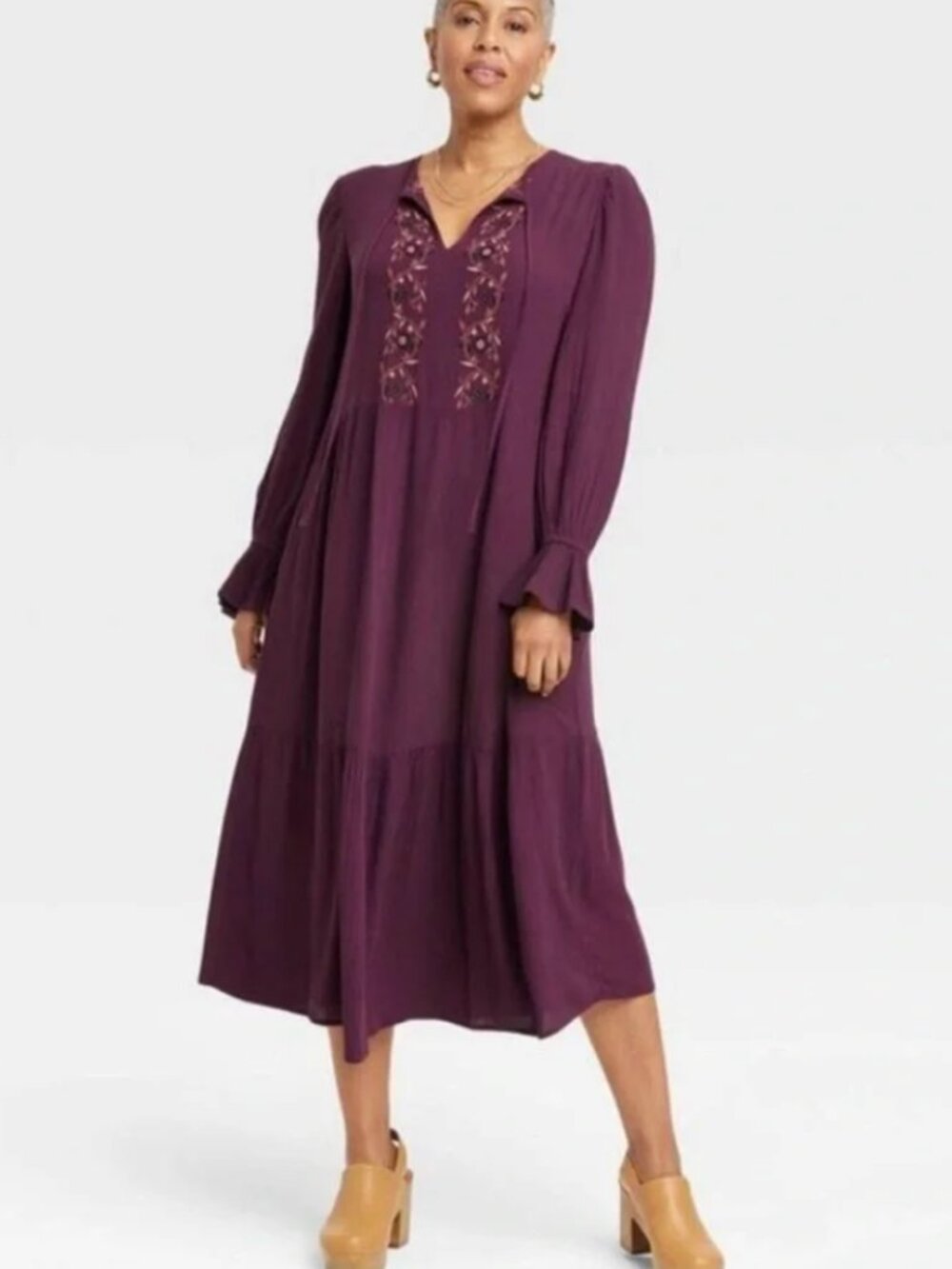 Knox Rose Burgundy Boho Long Sleeve Embroidered A-Line Dress XS NWT